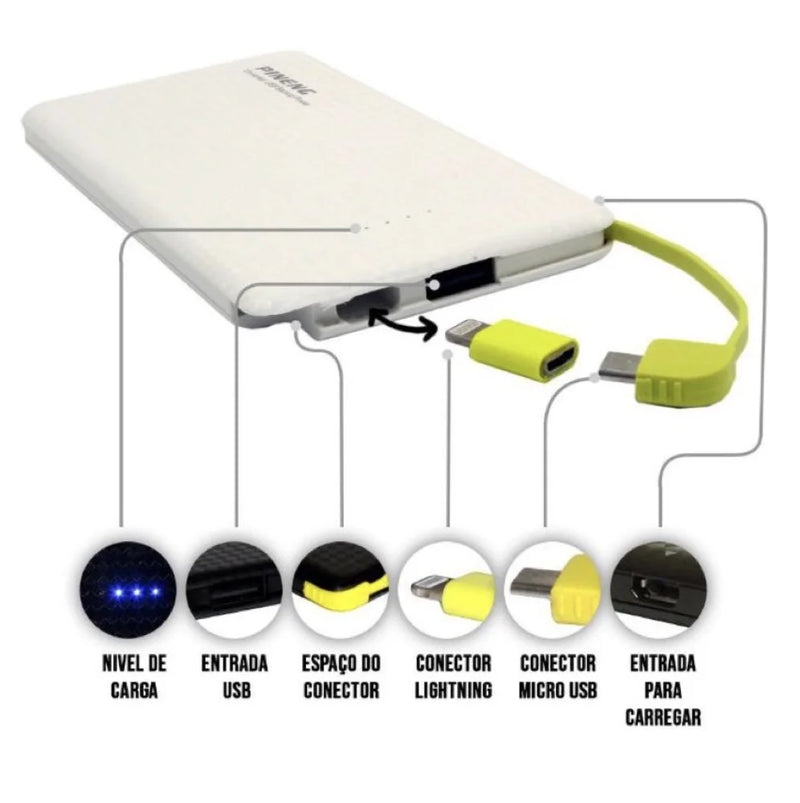 Carregador Portátil Power Bank com entrada USB e adaptador Lighthing - PAGUE 1 E LEVE 2