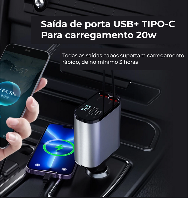 Adaptador Isqueiro Retrátil 4 em 1 Para Carro