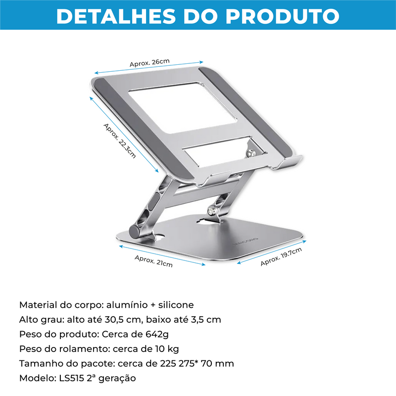 Suporte Portátil e Ajustável de Alumínio Para Notebook